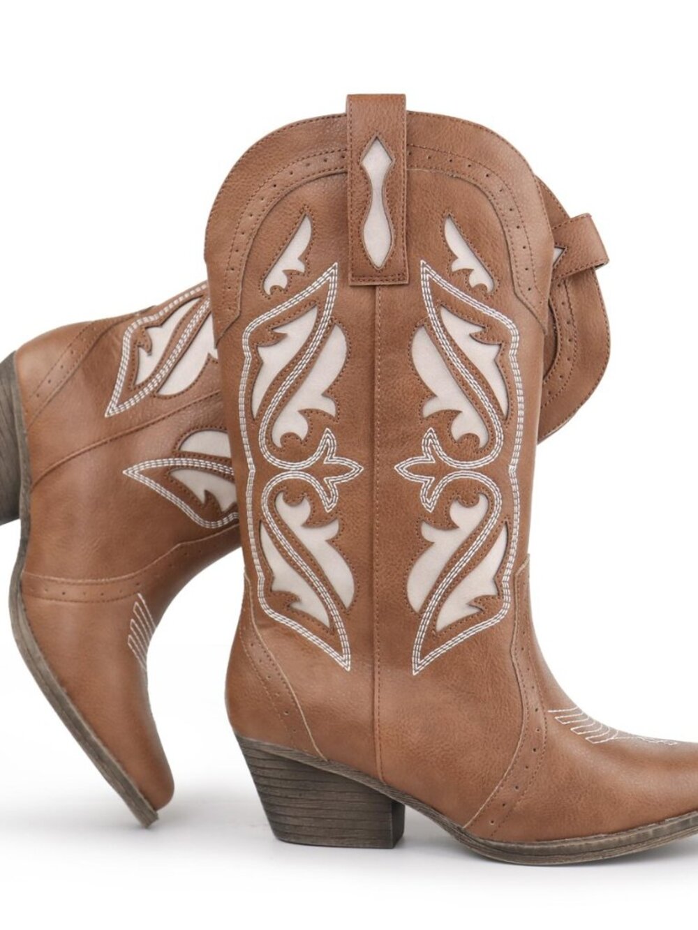 Women's Embroidered Stitched Mid Calf Cowboy Boots Pointed Toe Chunky Block Heel